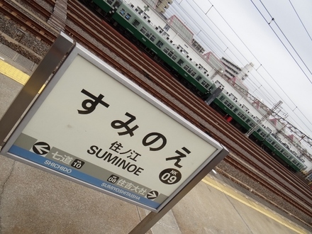 所在地は大阪市住之江区。ホームの西側には住ノ江検車区の留置線が広がり、全国でも数少ない高架の検車区として有名です。